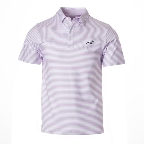 Purple striped polo shirt with a logo on a white background