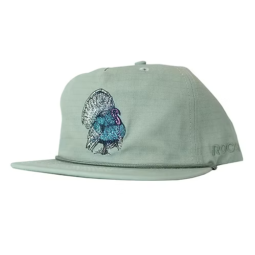 Green cap with a colorful bird design on a white background