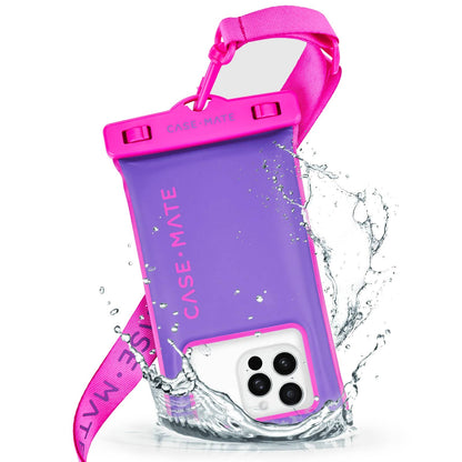 Purple phone case with pink strap and 'Case-Mate' branding, showing water resistance.