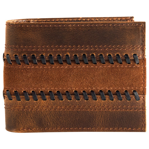 Brown leather wallet with black stitching on a white background