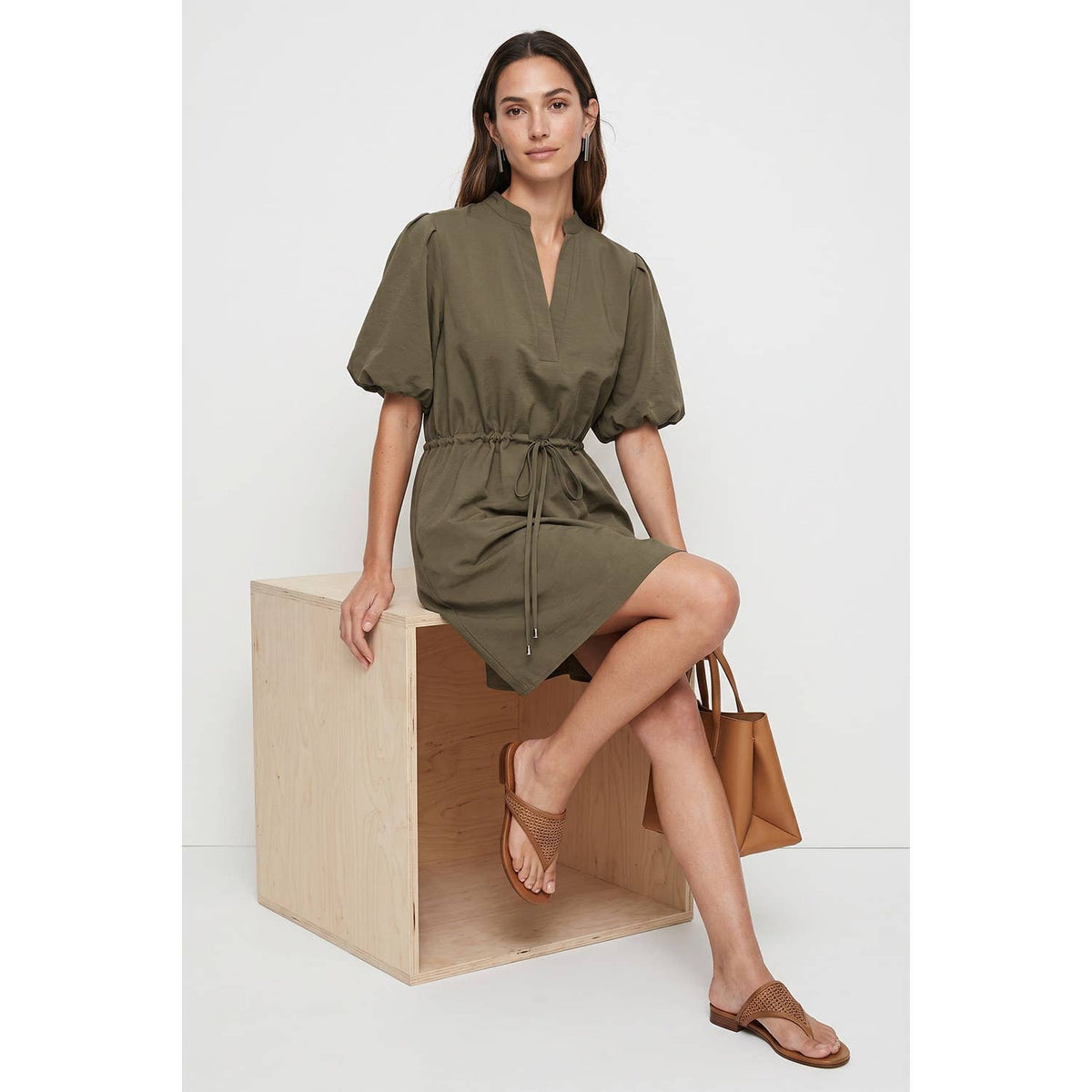 Naked Zebra - Puff Sleeve Cinched Waist Mini Dress