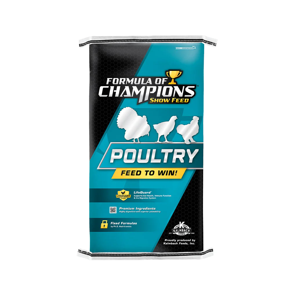 Poultry feed bag with 'Formula of Champions' branding on a white background