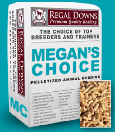 Box of Megan's Choice pelletized animal bedding with closeup of wood pellets