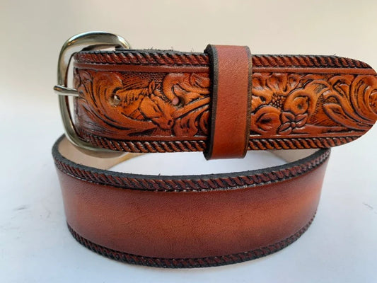 brown belt with floral design 