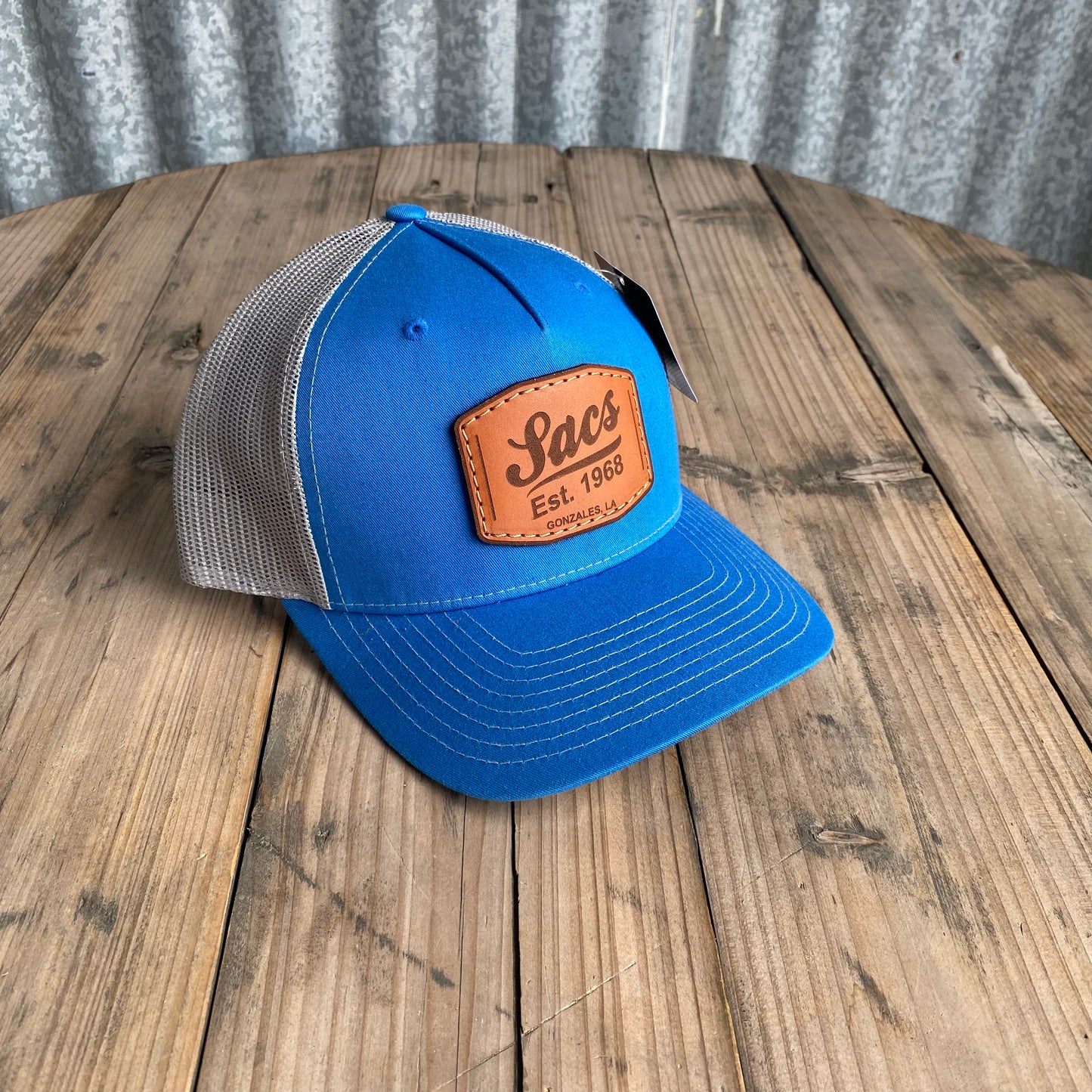 SACS LEATHER PATCH CAP IN BLUE