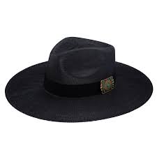 Black wide brim hat with decorative patch on the band, outdoor accessory
