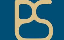 A stylized beige monogram logo resembling a 'B' and 'S' on a solid dark blue background.