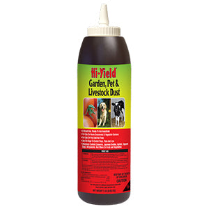 Hi-Yield Garden, Pet & Livestock Dust bottle with colorful label on a white background