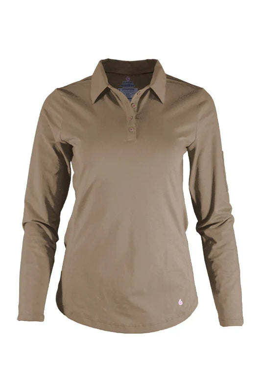 Khaki long sleeve collared shirt for women with button placket, outdoor apparel