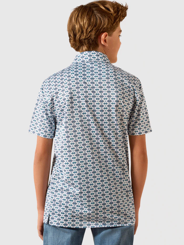 Boy wearing short-sleeve blue and white patterned shirt, viewed from the back