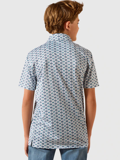 Boy wearing short-sleeve blue and white patterned shirt, viewed from the back