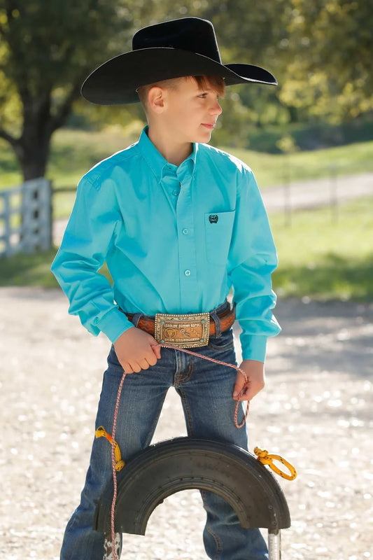 Cinch Boy's Solid Turquoise Long Sleeve Button Down Shirt