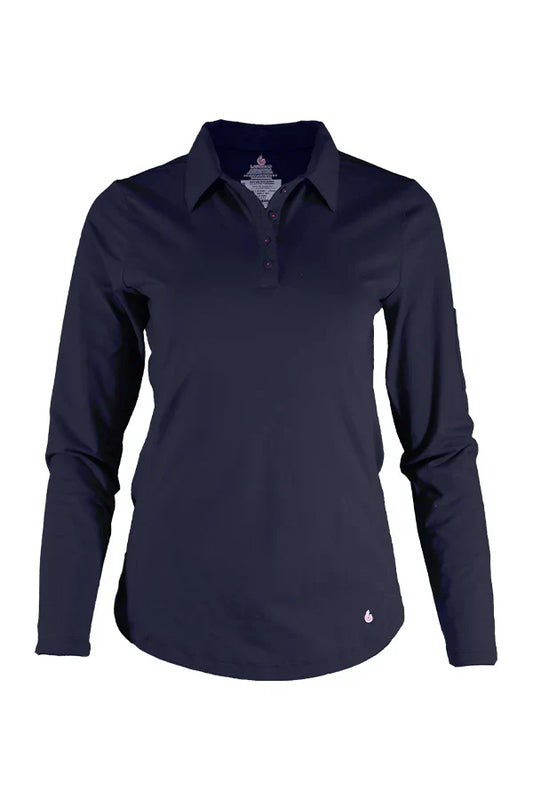 Navy blue women's long sleeve polo shirt with collar and button placket front