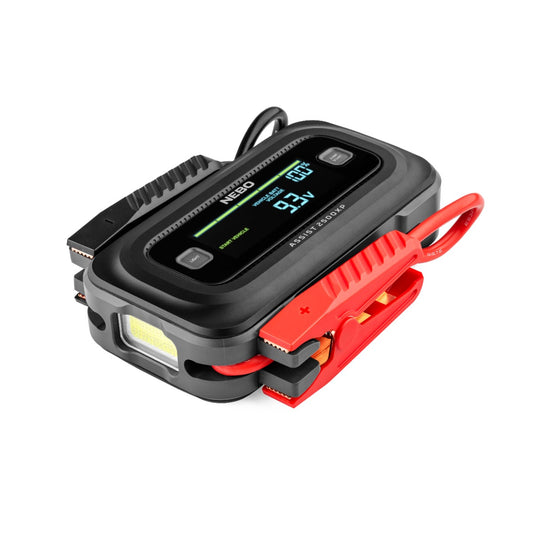 NESGO jump starter with digital display on a white background