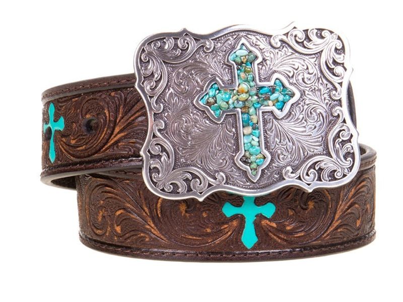 Nocona - Girls Belt Scroll Embossed Turquoise Cross Brown - N4438802
