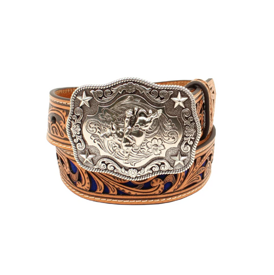 Nocona Boys 1 1/4" Floral Cut Out Belt - Tan/Blue - N4439027
