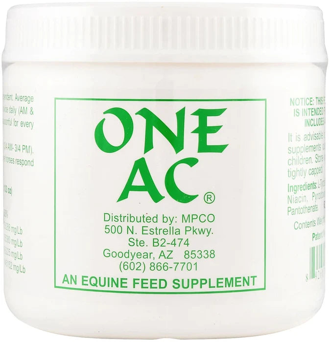 A white plastic jar of ONE AC Equine Feed Supplement with a white ribbed cap, featuring green text and a green-bordered label on a white background.