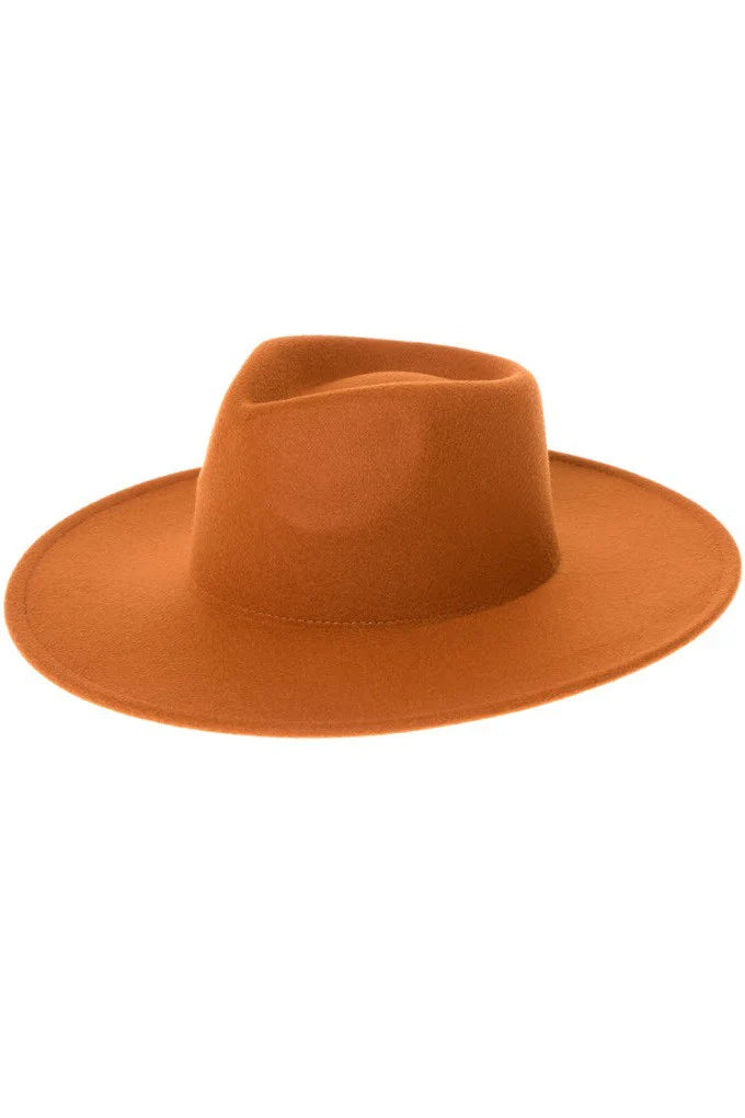 Wide brim brown felt fedora hat with teardrop crown on white background