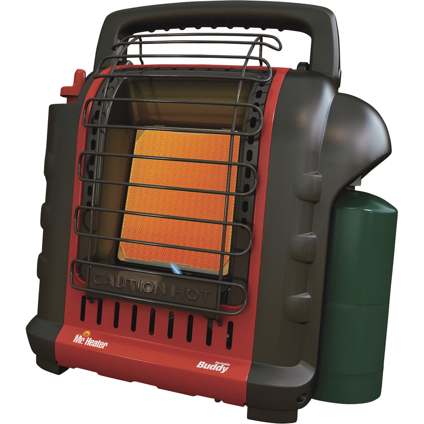Portable propane heater with safety grill, red and black, for camping or outdoor use
