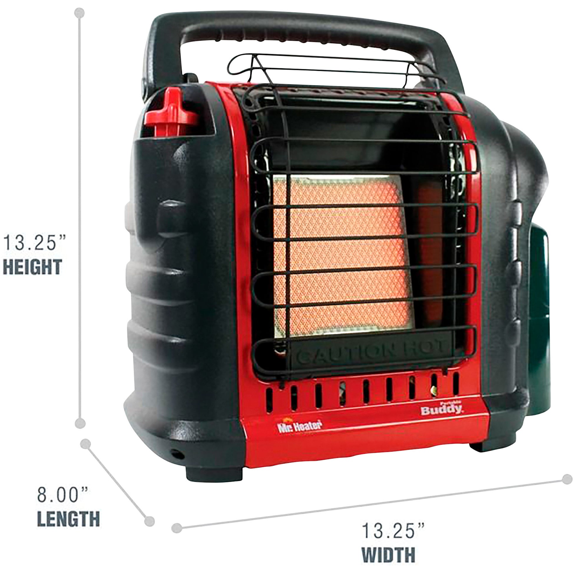 Portable propane space heater with handle, metal safety grill, and visible measurements