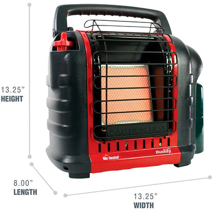 Portable propane space heater with handle, metal safety grill, and visible measurements