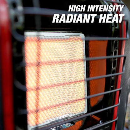 Portable heater emitting high intensity radiant heat, close-up of glowing heating element