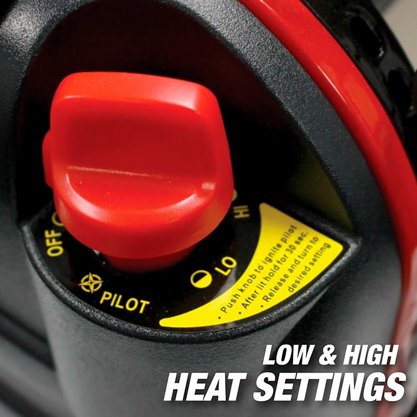 Close-up of portable heater control knob showing low and high heat settings options.
