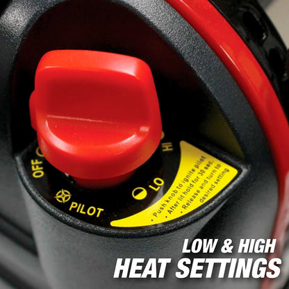Close-up of portable heater control knob showing low and high heat settings options.