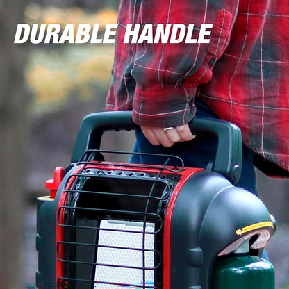 Person carrying portable propane heater with durable handle outdoors