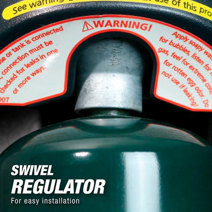 Close-up of a portable heater propane tank connector with warning label and swivel regulator