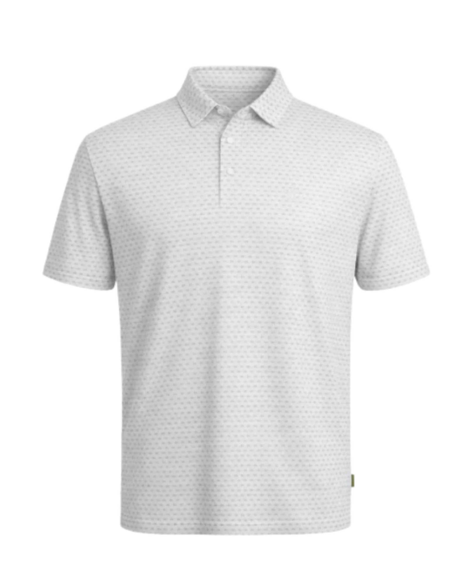 A short-sleeve polo shirt with a light gray and white micro-pattern, featuring a classic collar and a three-button placket, shown on a plain white background.