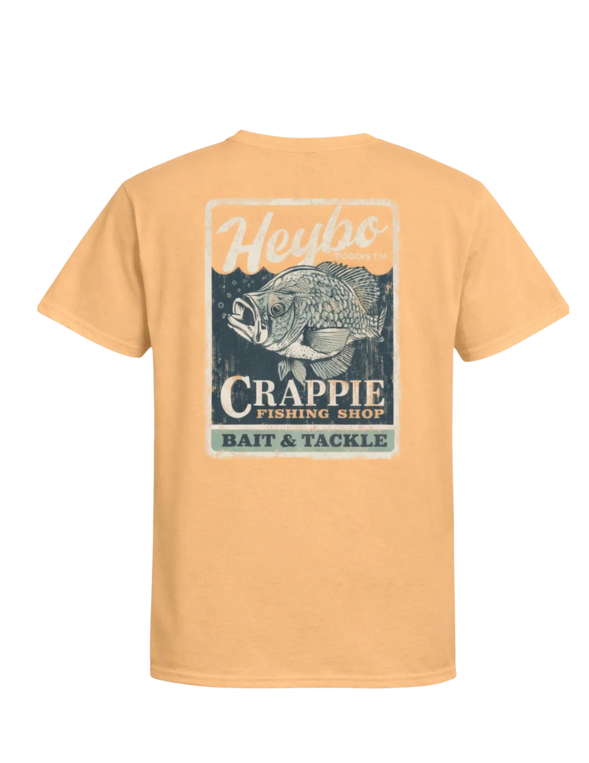 A light peach-colored short-sleeve t-shirt shown from the back, featuring a large graphic print of a crappie fish and the text 'Heybo Crappie Fishing Shop Bait & Tackle'.