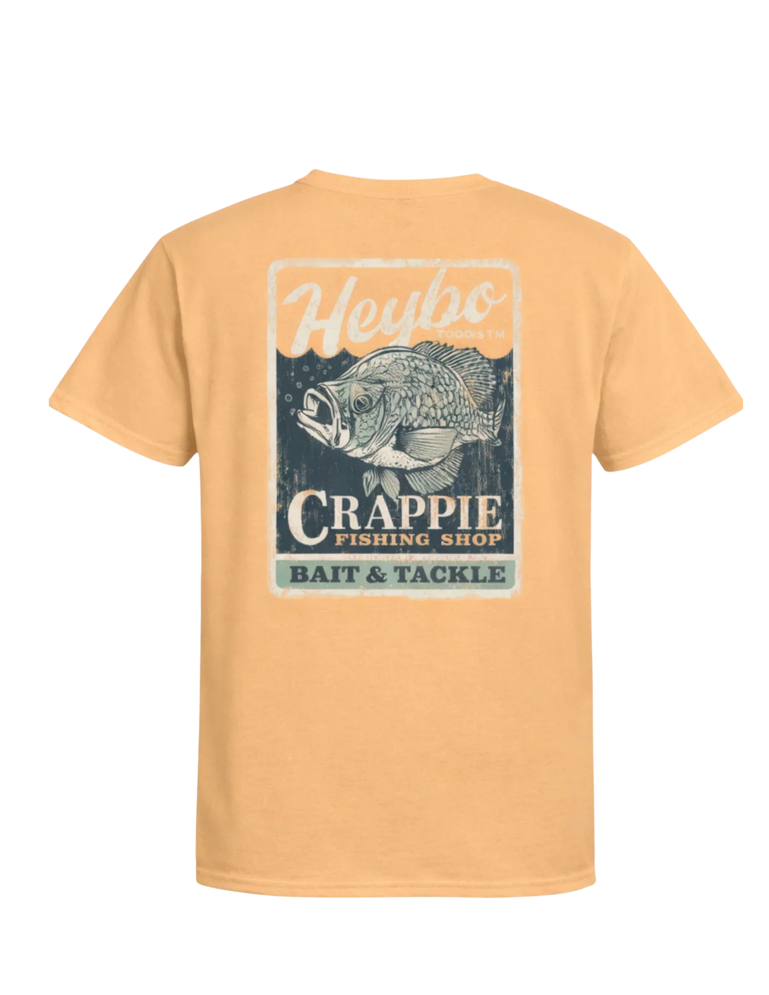 A light peach-colored short-sleeve t-shirt shown from the back, featuring a large graphic print of a crappie fish and the text 'Heybo Crappie Fishing Shop Bait & Tackle'.