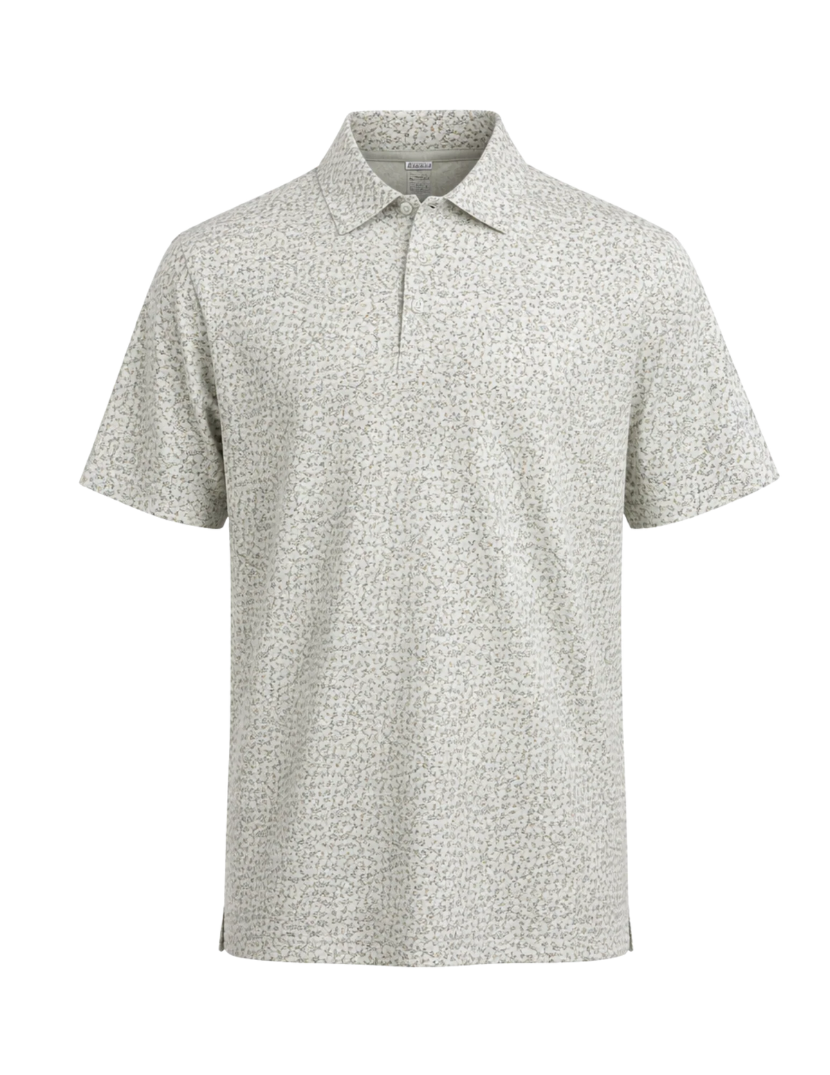 A short-sleeve polo shirt with a fine micro-pattern of small dark spots on a light beige or off-white base, presented on a clean white background.