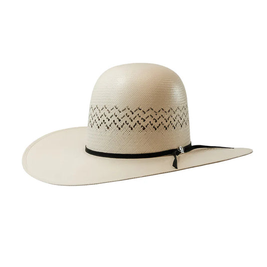 Beige cowboy hat with decorative band on a white background