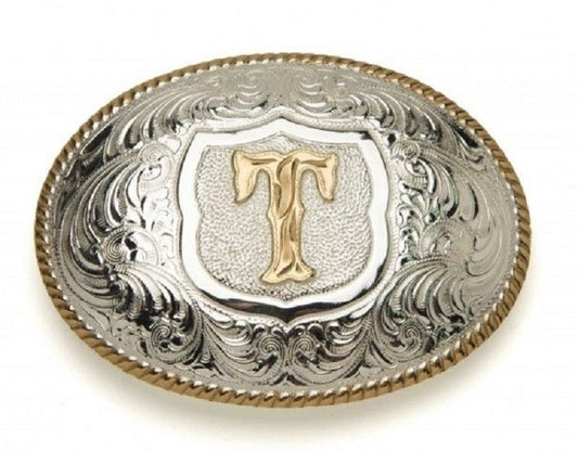 OVAL  ROPE EDGE INITIAL (T) BELT BUCKLE