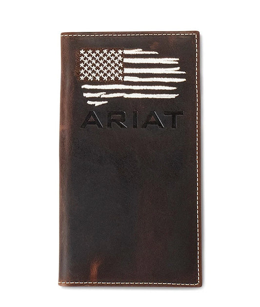 ARIAT Men's Dark Brown Smooth Leather Rodeo Wallet USA Flag