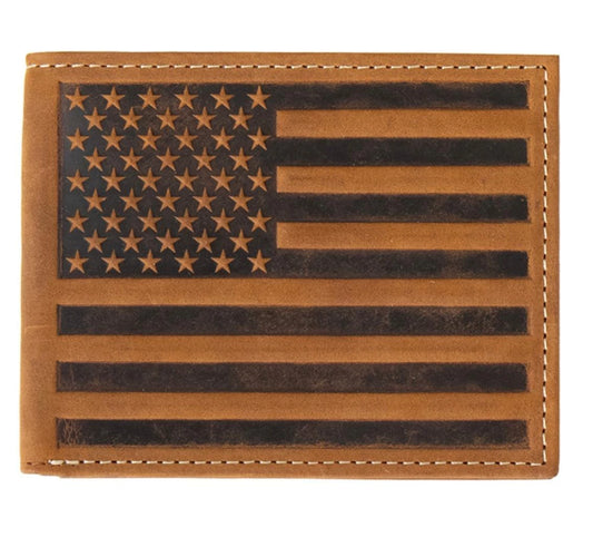 Nocona Western Men Wallet Bifold Leather Embossed American Flag Brown