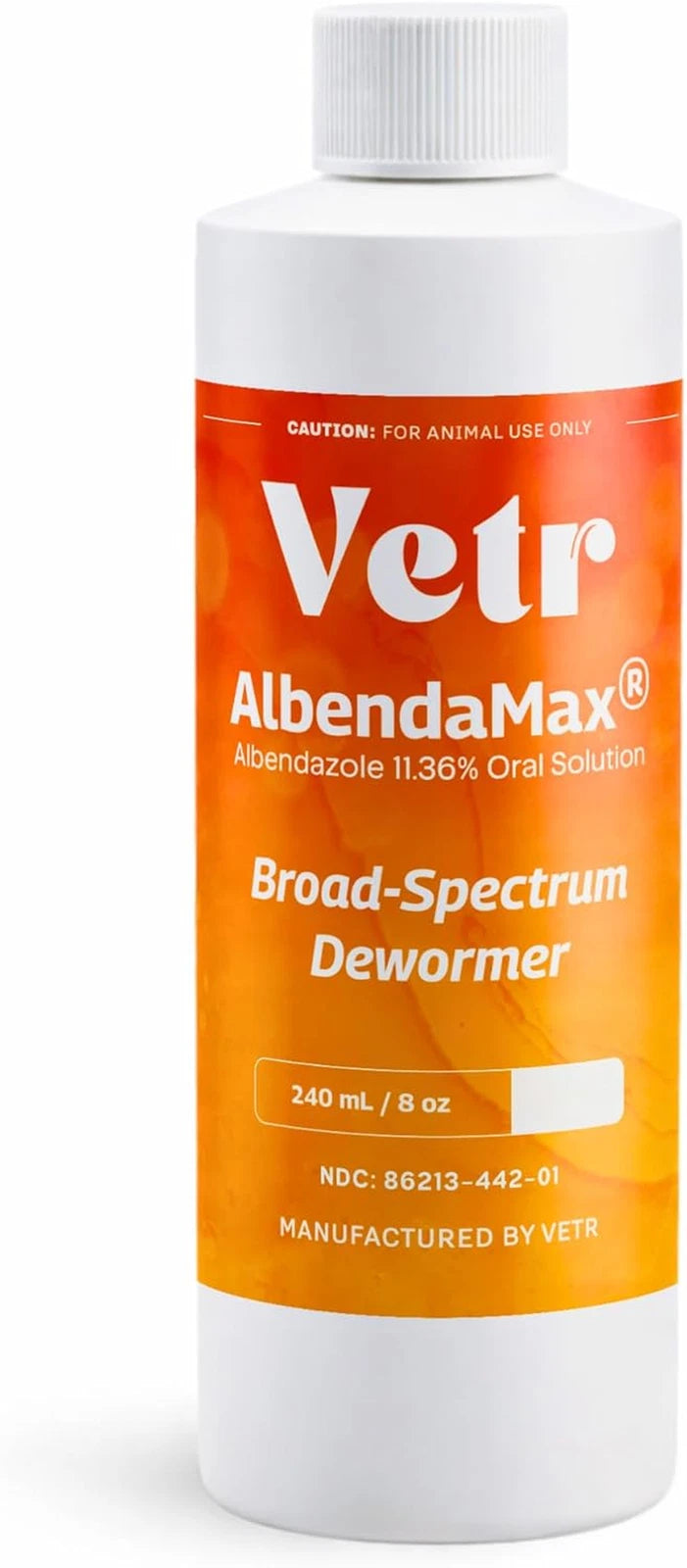 A white plastic bottle of Vetr AlbendaMax Broad-Spectrum Dewormer oral solution, featuring a prominent orange label with white text.