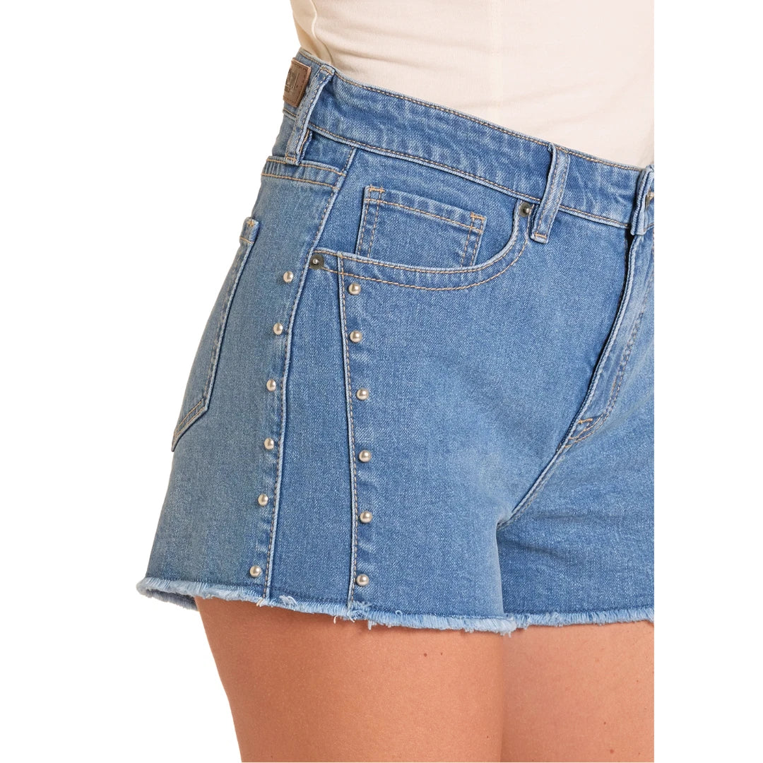 Blue denim skirt with button details on a white background