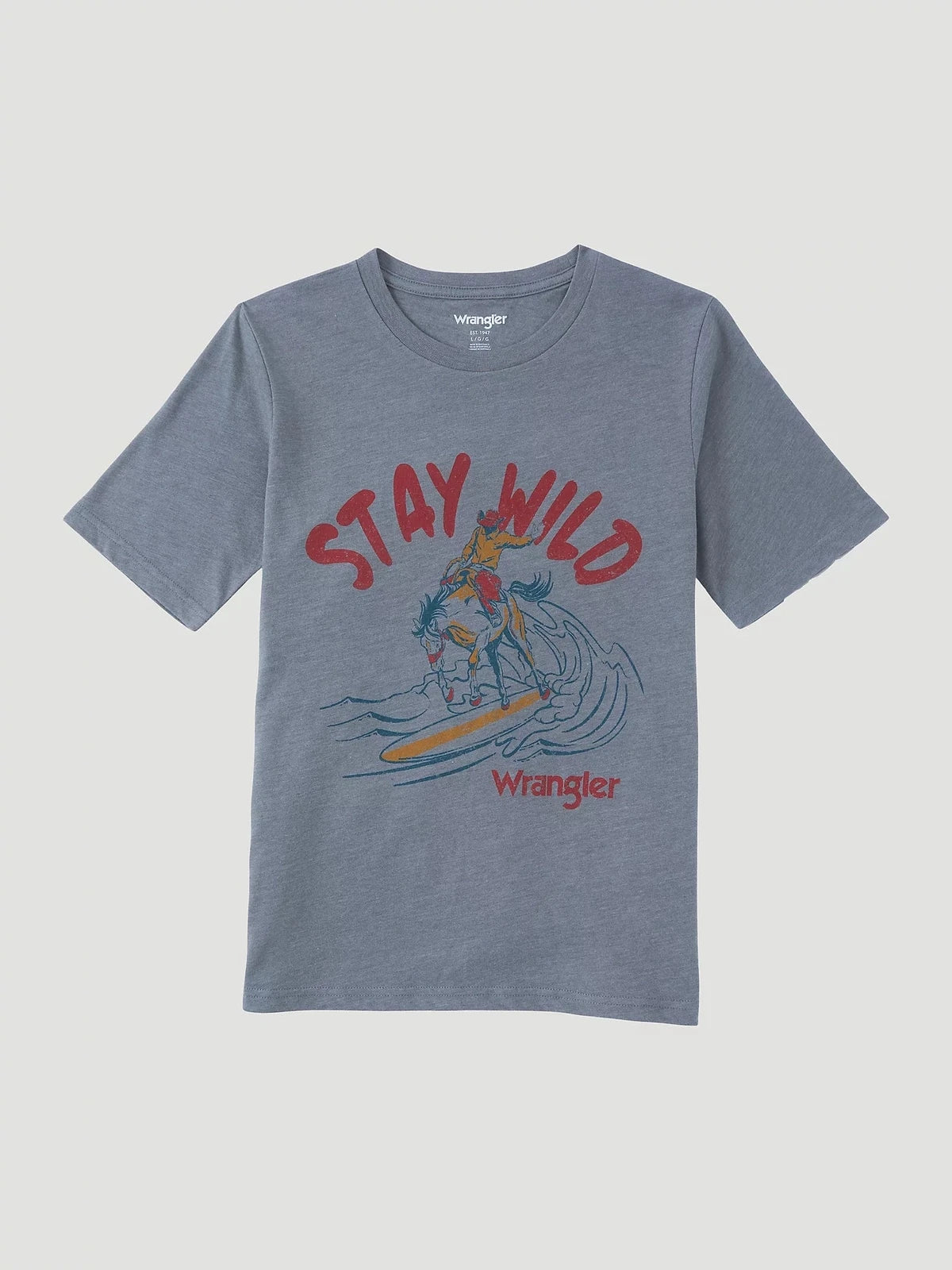 Gray t-shirt with 'Stay Wild' graphic and Wrangler branding on a light gray background