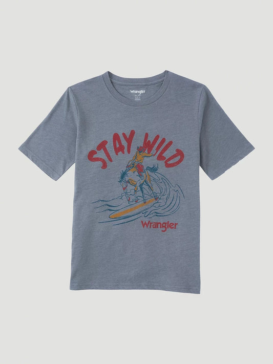 Gray t-shirt with 'Stay Wild' graphic and Wrangler branding on a light gray background