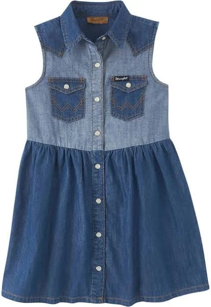 Sleeveless denim dress with button front and chest pockets for women or girls