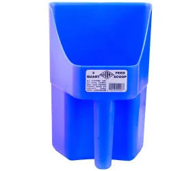 Blue plastic feed scoop with handle, 3-quart capacity, for animal feed or grain.