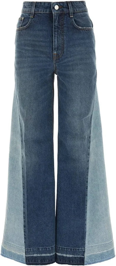 Pair of blue wide-leg jeans on a white background