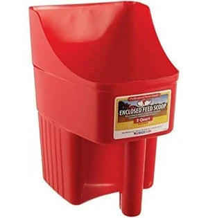 Red enclosed feed scoop with handle and label, used for measuring animal feed