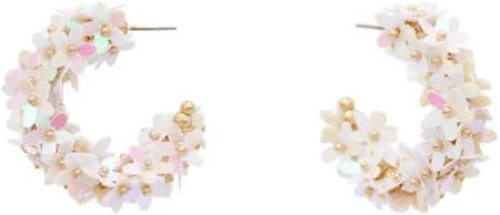 White Flower Sequin Hoop Earrings