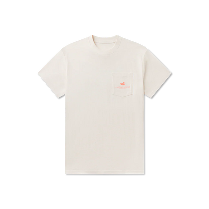 Beige t-shirt with a small logo on a white background
