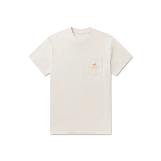 Beige t-shirt with a small logo on a white background