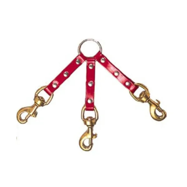 A red leather pet harness with three gold-tone metal clips and silver-tone rivets, shown against a plain white background.
